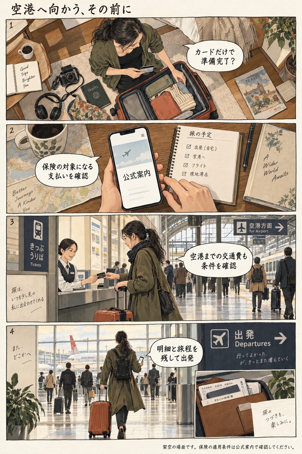 旅行前に保険条件を確認する架空例の4コマ。詳しい説明は記事へ